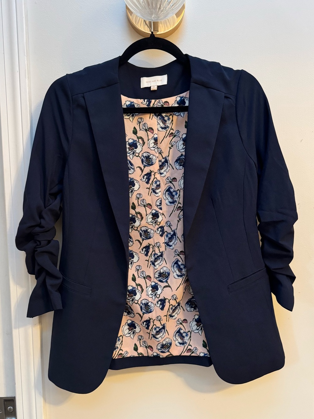Skies Are Blue Navy Open Blazer with Floral Lining